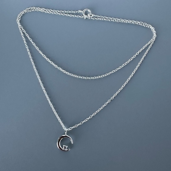 Sterling Silver CZ Crescent Moon Necklace - Picture 4 of 11